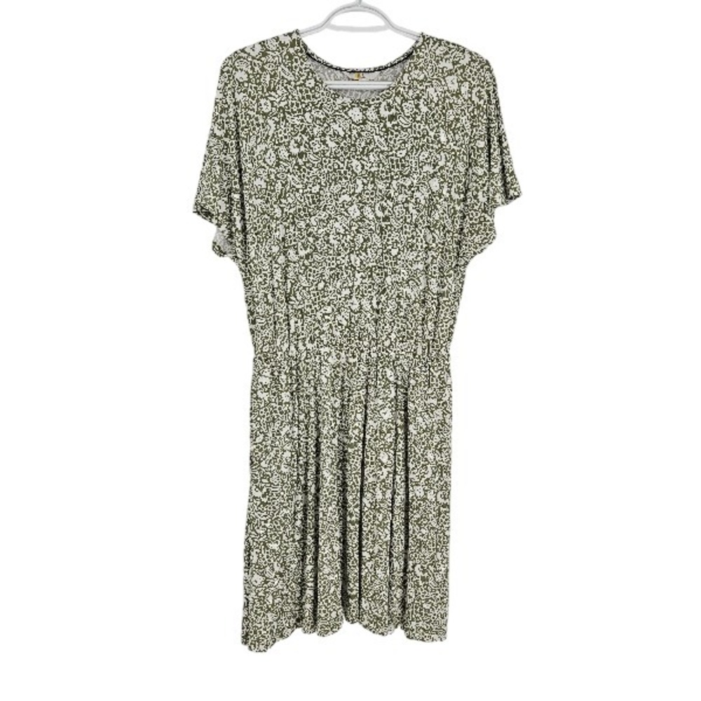 Boden Dress Green White Floral Print Short Sleeve Stretch A-line Midi Size 10P